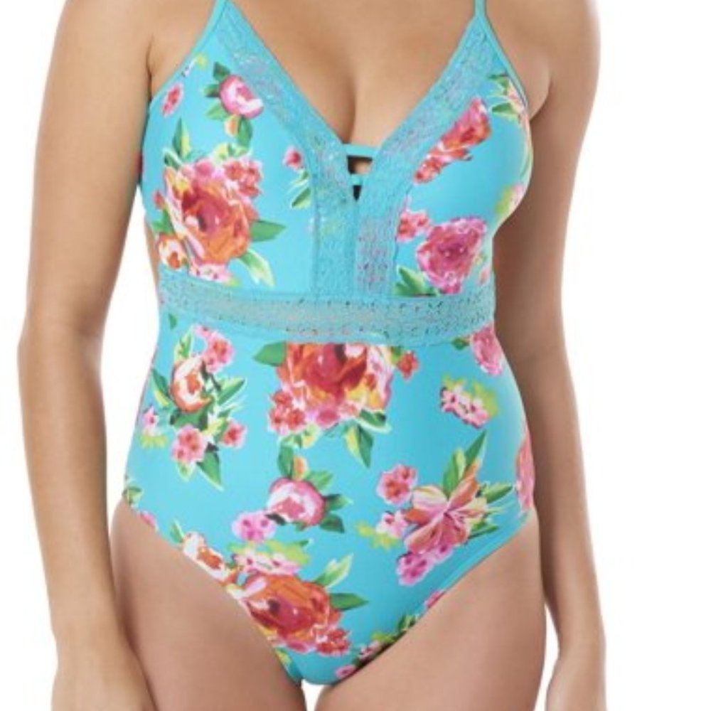 Time & Tru Floral Blue One Piece Lace Trim Swim